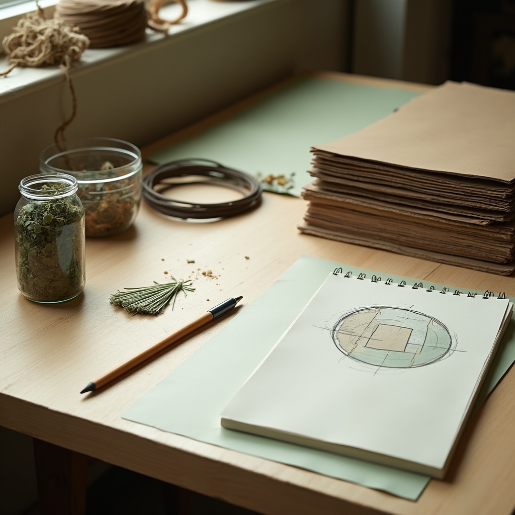 Pracovní stůl s recyklovanými materiály a náčrty cirkulárního designu produktu